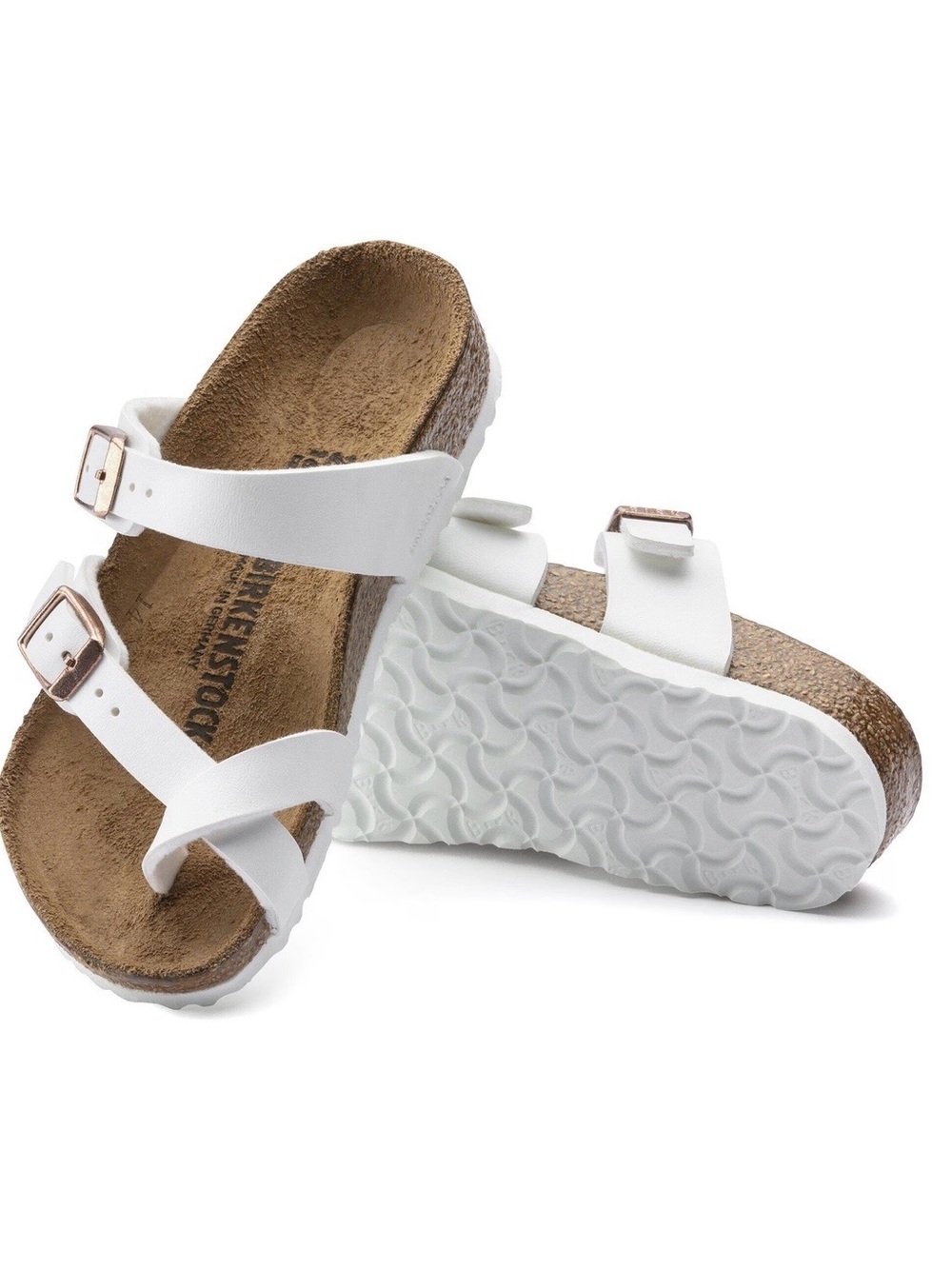 Birkenstock Miyari White Kids Sandals with Cork Footbed and Rose Gold Buckles